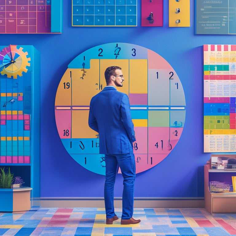 An illustration of a person standing in front of a large, organized calendar with various colored blocks and arrows, surrounded by clocks, gears, and puzzle pieces, conveying efficiency and productivity.