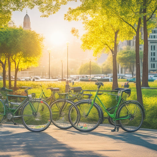 A vibrant, sunlit cityscape with sleek, modern bike-sharing stations and rows of bicycles, surrounded by lush greenery, juxtaposed with a faint, faded outline of congested traffic and pollution in the background.