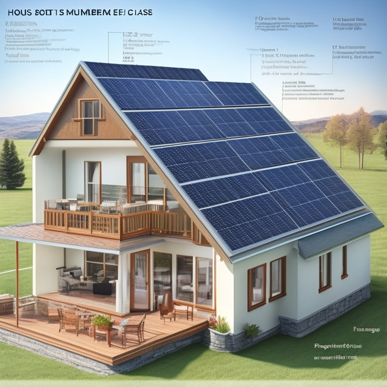 An illustration of a house with a roof featuring a varying number of solar panels, with each panel labeled with a different wattage (e.g., 250W, 300W, 350W), surrounded by measuring tapes and calculators.