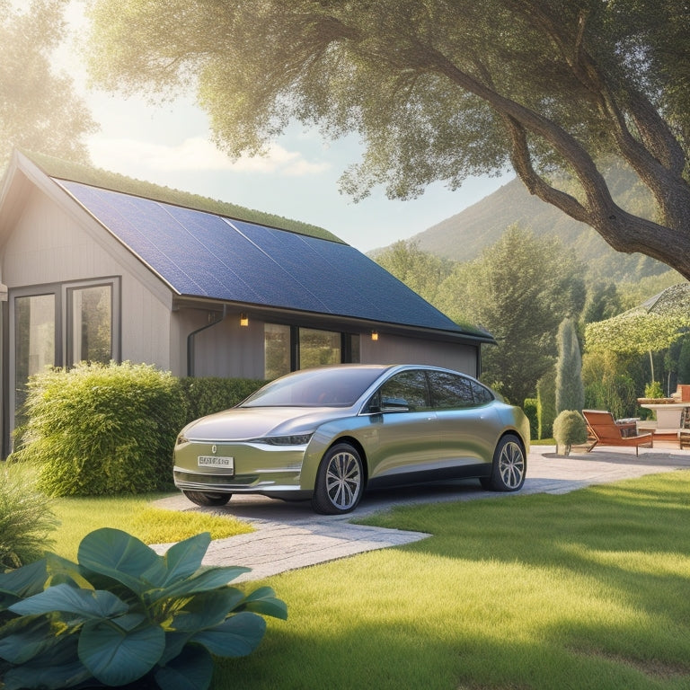 An illustration of a modern, sleek electric vehicle parked in a sunny backyard, with a DIY solar panel array installed on a wooden mounting system, surrounded by lush greenery.