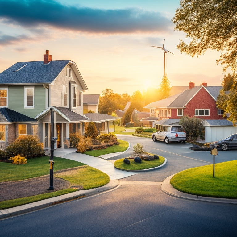 A serene suburban street with a mix of modern and traditional homes, featuring rooftop solar panels, wind turbines in the distance, and a few electric vehicles parked along the sidewalk.