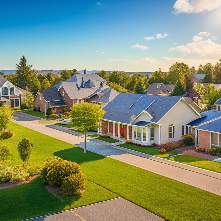 A serene suburban neighborhood with various houses, each featuring a distinct solar panel installation, set against a bright blue sky with a few puffy white clouds, conveying a sense of eco-friendliness and sustainability.