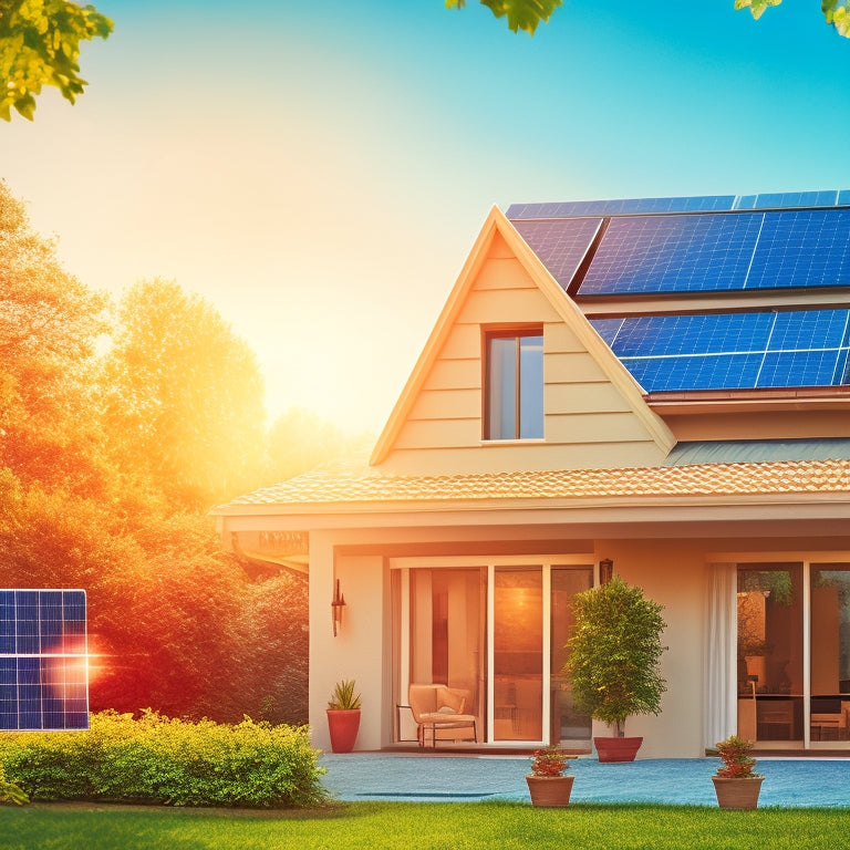 An illustration of a person standing in front of a sunny house with solar panels on the roof, surrounded by greenery and a subtle background of a rising graph, symbolizing growth and savings.