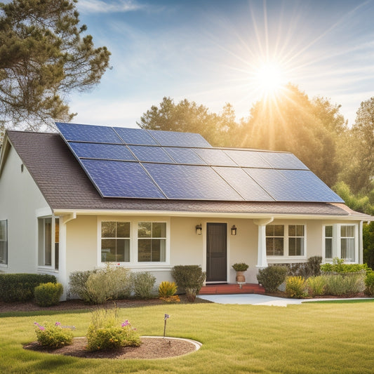 A serene California suburban home with a newly installed solar panel roof, surrounded by lush greenery, with a bright blue sky and a few fluffy white clouds, and a slight sun glare on the panels.