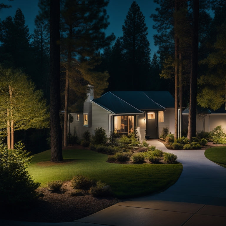 A nighttime backyard scene with a modern house, illuminated walkway, and a few tall trees, featuring 3-4 solar-powered security cameras in different styles and positions, with subtle LED lights and shadows.