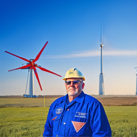 An image depicting a veteran in a hard hat and safety vest, standing in front of a wind turbine, with a subtle American flag pattern in the background, surrounded by blue and green hues.