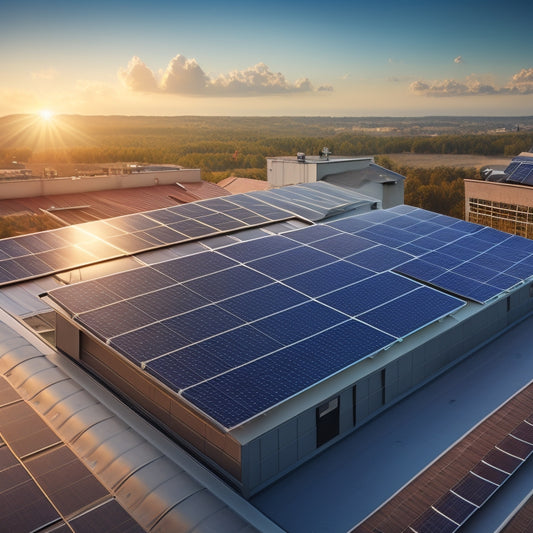 A photorealistic image depicting a commercial building rooftop with a mix of old and new solar panels, with a subtle grid of interconnected lines and nodes in the background, symbolizing cost reduction and efficiency.