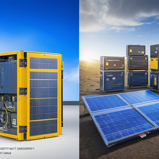 A split-screen image featuring three distinct solar battery systems, each with a unique color scheme, against a contrasting background, showcasing varying sizes and designs of batteries, inverters, and mounting systems.