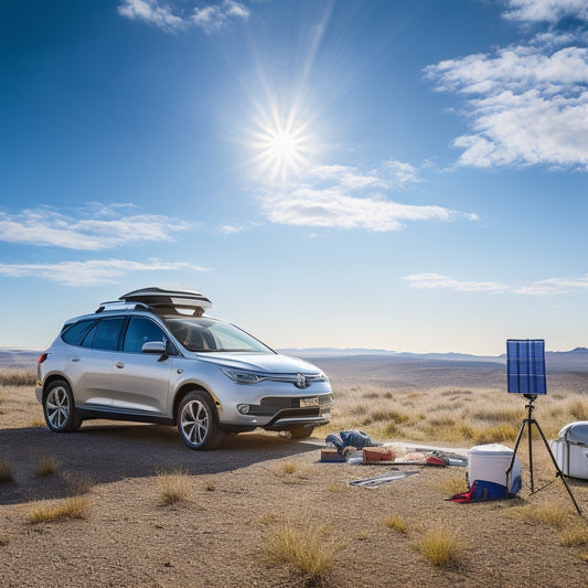 A serene outdoor scene with a parked car, a portable solar panel unfolded on a tripod beside it, and a few camping gear scattered around, under a clear blue sky with a few puffy white clouds.