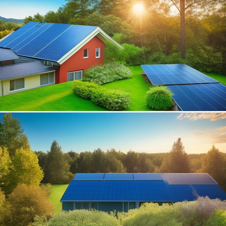 A split-screen image: a darkened rooftop with traditional shingles on one side, and a bright, sun-kissed rooftop with sleek, black solar panels on the other, surrounded by lush greenery.