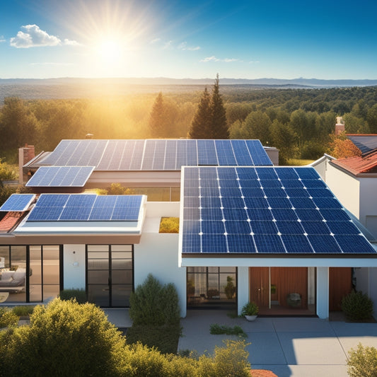 An illustration depicting a residential rooftop with varying solar panel sizes, angles, and shading, surrounded by icons representing roof type, tree coverage, and local incentives, set against a sunny blue sky.