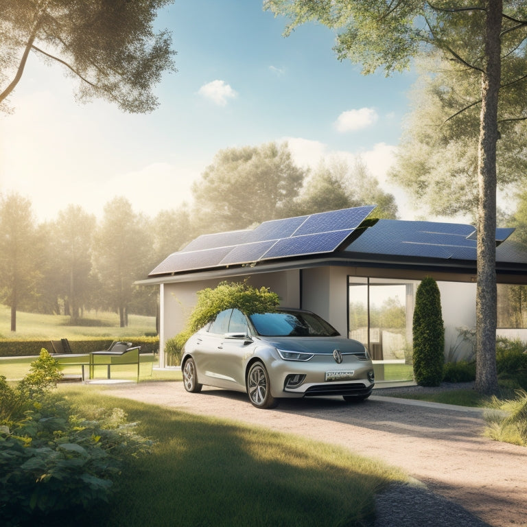 An illustration of a serene outdoor setting with a parked electric car, its battery charging from a sleek, modern solar panel installed on the car's roof, surrounded by lush greenery and a bright blue sky.