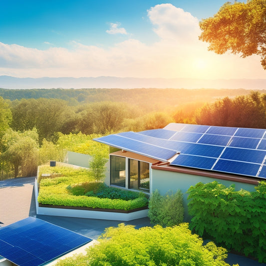 A serene residential rooftop with three to five solar panels, each with a small, sleek monitoring device attached, surrounded by lush green trees and a clear blue sky.