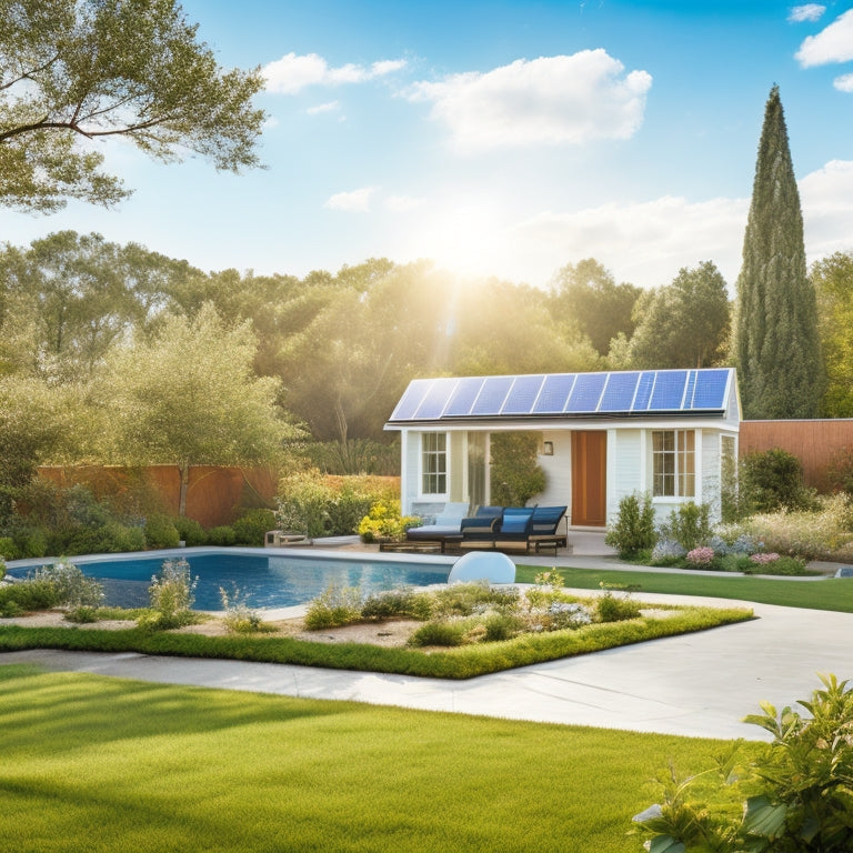 A serene backyard with a mix of lush greenery and modern solar panels, showcasing different panel sizes, angles, and mounting systems, set against a bright blue sky with a few white, puffy clouds.