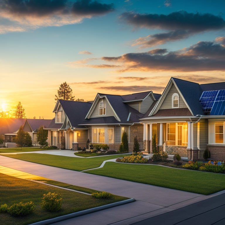 A serene residential neighborhood at sunset with various homes showcasing different solar panel installations, with a subtle glow effect on the panels and a faint sun in the background.