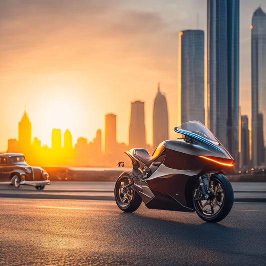 A futuristic, sleek electric motorcycle with sleek, aerodynamic lines, gull-wing style fairings, and LED lights, parked in front of a blurred cityscape during golden hour, with subtle, gradient urban reflections.