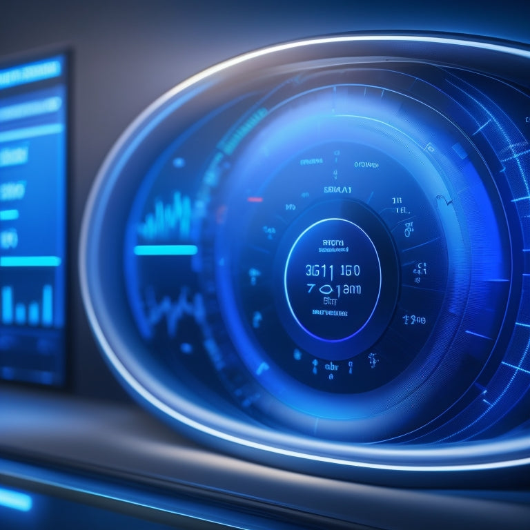 A futuristic dashboard with sleek, minimalist design, displaying a large, circular gauge with a moving needle, surrounded by smaller graphs and charts, set against a dark blue background with subtle solar flare patterns.