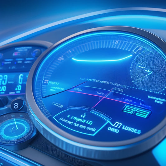 A futuristic dashboard with glowing blue lines and minimalist gauges, featuring a large, circular performance meter with moving needles, surrounded by smaller, intricately detailed graphs and charts.