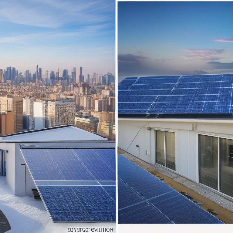 A split-screen illustration: a rooftop with solar panels on one side, and a row of battery storage units on the other, with connecting wires and a subtle cityscape background.