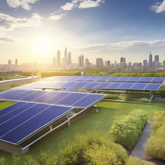 A sunny rooftop with five distinct solar panels, each with a unique design and brand logo, surrounded by lush greenery and a subtle cityscape in the background.