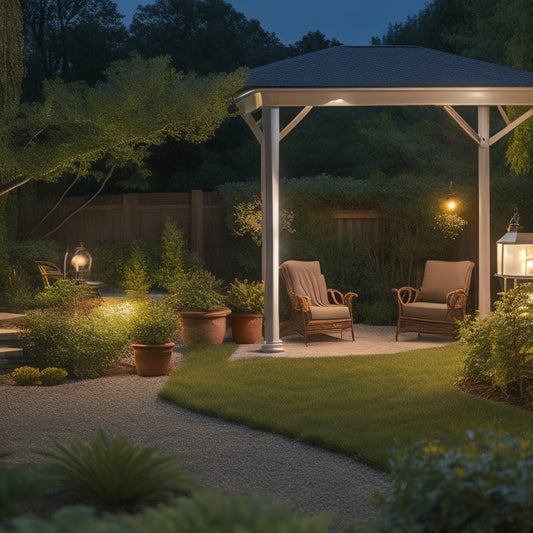 A serene nighttime scene of a backyard with a tall flagpole illuminated by a bright, warm glow from a solar-powered light, surrounded by lush greenery and a few outdoor furniture pieces.