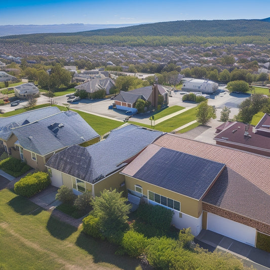 An aerial view of a residential neighborhood with varying rooftops, some with solar panels and others without, set against a bright blue sky with fluffy white clouds.