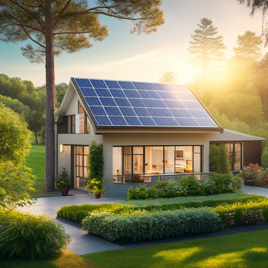 A serene suburban home with solar panels on its roof, surrounded by lush greenery, with a subtle background of a cityscape and a sunny sky, highlighting the intersection of sustainability and modern living.