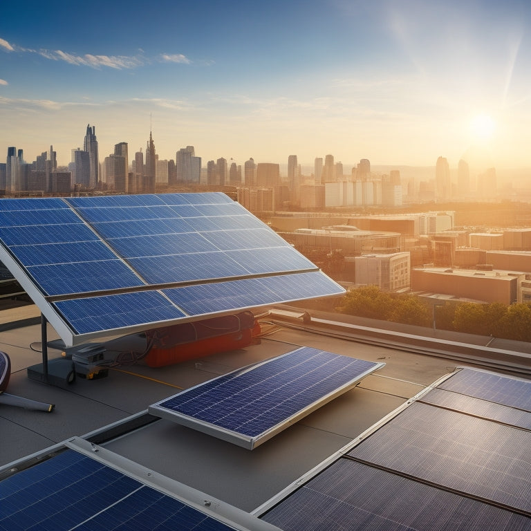 A photorealistic illustration of a commercial building rooftop with a partially installed solar panel array, surrounded by tools and equipment, with a subtle cityscape background and a bright blue sky.