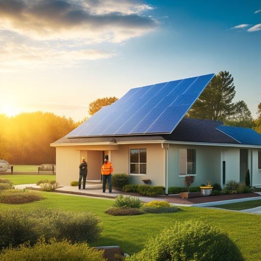 A serene suburban landscape with a single-story house, solar panels installed on the roof, and a worker in a bright orange vest and hard hat securing the last panel.