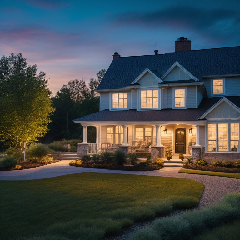 A serene suburban home at dusk, lit by soft outdoor lanterns, with three distinct solar panels and battery backup systems on the roof, each with unique design and branding elements.