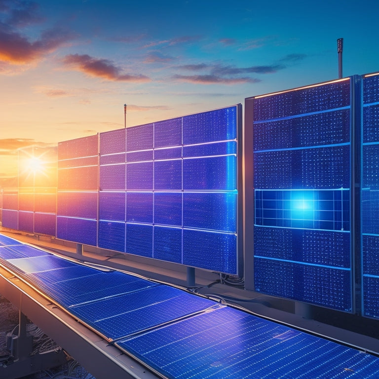 A futuristic, high-tech illustration of a solar panel array at sunset, with glowing blue circuitry and wires, surrounded by sleek, metallic monitoring devices and gauges, against a dark blue and orange gradient background.