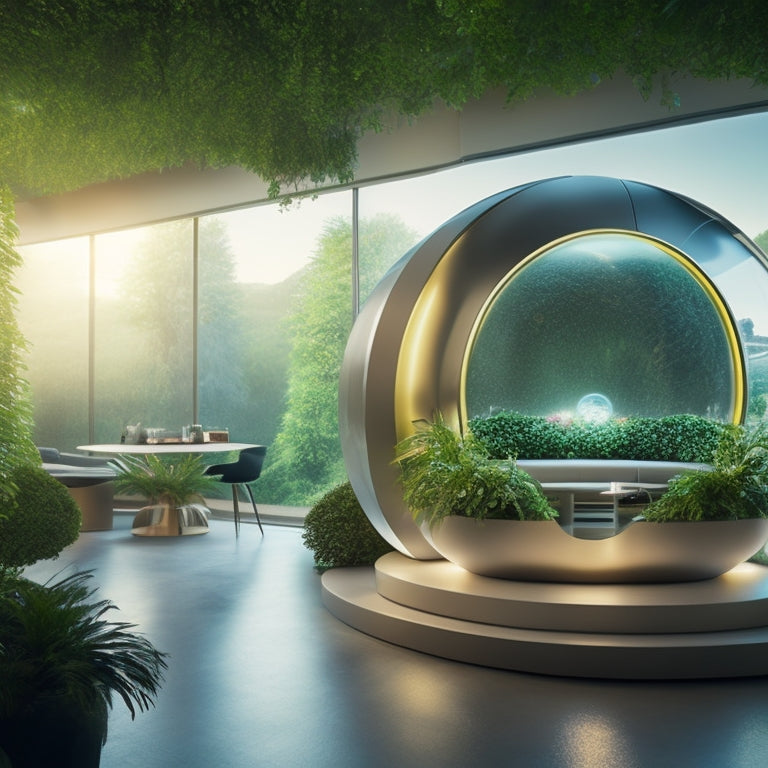 A futuristic retail store interior with LED lights, energy-efficient appliances, and a large, circular, glowing orb representing energy savings, surrounded by lush greenery and a cityscape in the background.