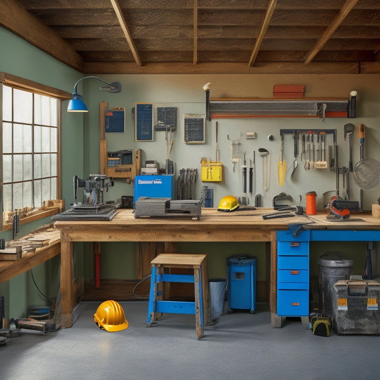 A clutter-free workshop with a solar panel leaning against a wall, surrounded by neatly organized tools: a drill press, wire strippers, pliers, and a multimeter on a workbench, with a ladder and hard hat nearby.