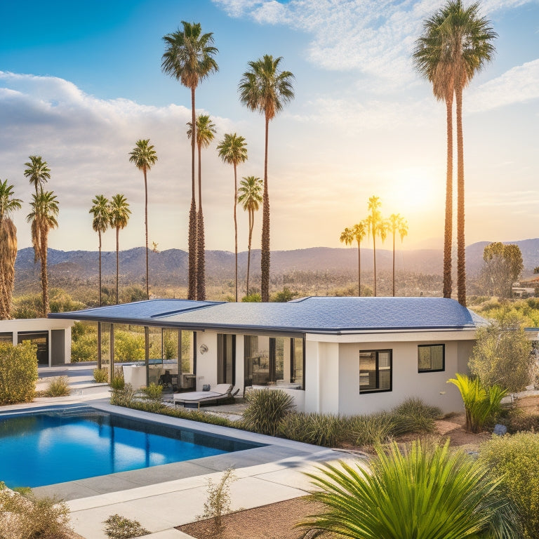 A sunny California landscape with a modern home featuring a rooftop solar panel installation, surrounded by palm trees and a subtle grid of electrical lines in the background.