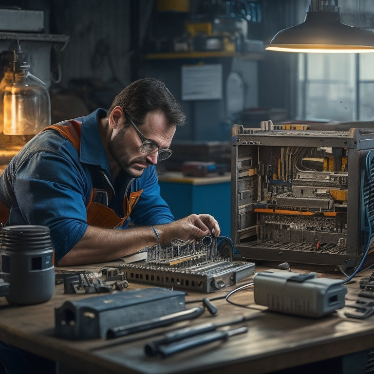 A technician in a bright, organized workshop, surrounded by tools and inverter components, holds a multimeter, examining a faulty inverter on a clutter-free workbench, with a faint cityscape visible through the window.