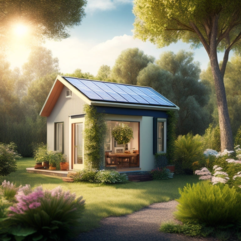 A serene, eco-friendly small home surrounded by lush greenery, with solar panels on the roof, a recycling bin, and a small garden, set against a bright blue sky with a few fluffy white clouds.