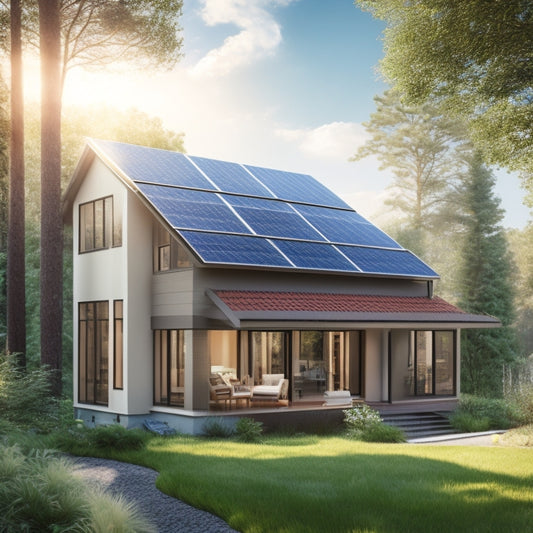 An image of a two-story residential house with solar panels installed vertically on the side, angled at 45 degrees, with a mix of sunny and shaded areas, surrounded by lush greenery.