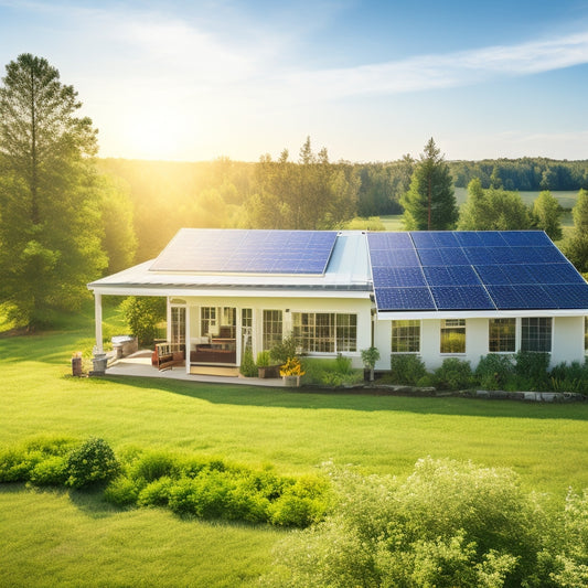 A serene rural homescape with a modern solar panel array installed on the rooftop, connected to a sleek battery bank and inverter in the yard, surrounded by lush greenery and a clear blue sky.