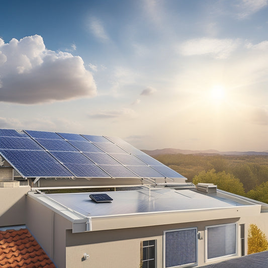 A photorealistic illustration of a modern residential rooftop with solar panels, a solar inverter, and a meter, set against a bright blue sky with a few fluffy white clouds.