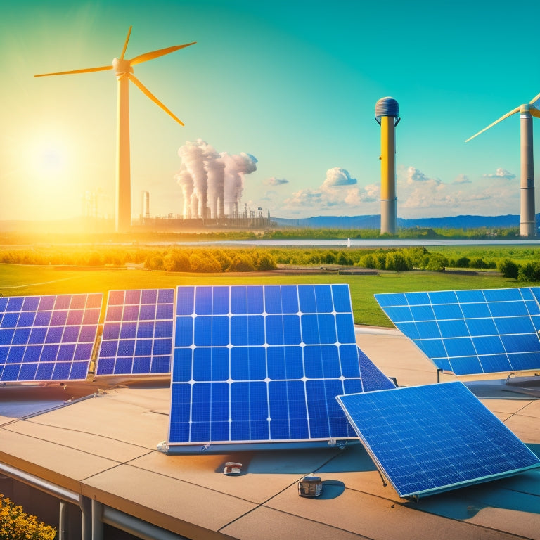 An illustration depicting a solar panel with radiating lines, surrounded by icons of recycling symbols, CO2 molecules, factory chimneys, and a globe with a thermometer, set against a subtle grid background.