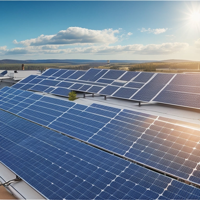 An illustration of a solar panel array on a rooftop with a battery storage system in the background, surrounded by descending arrows and minus symbols, conveying a reduction in costs.