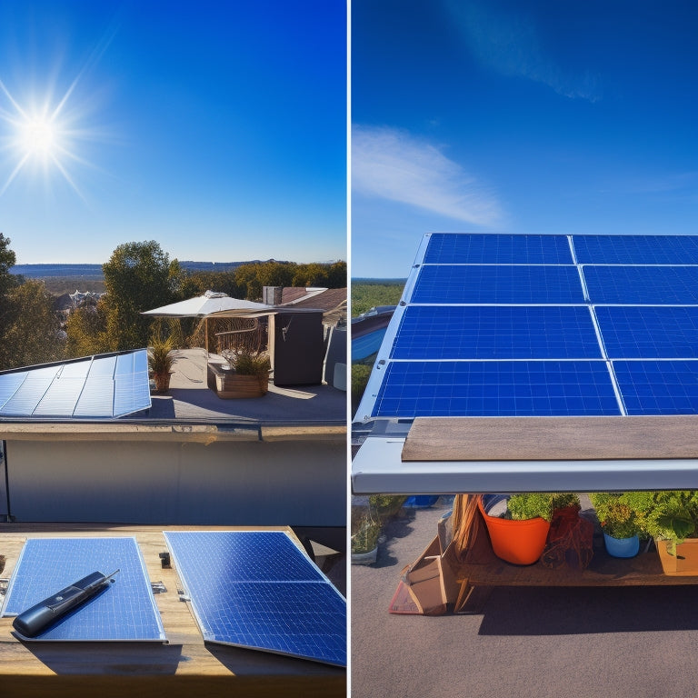 A split-screen image featuring a rooftop with solar panels against a bright blue sky on one side, and a checklist with a pen and calculator on a wooden desk on the other side.