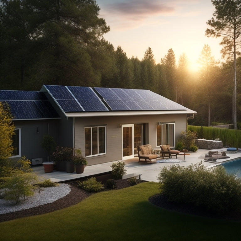 A serene backyard scene with a modern solar panel array installed on a sloping roof, connected to a sleek inverter and battery bank, with a subtle grid of wires and conduits.