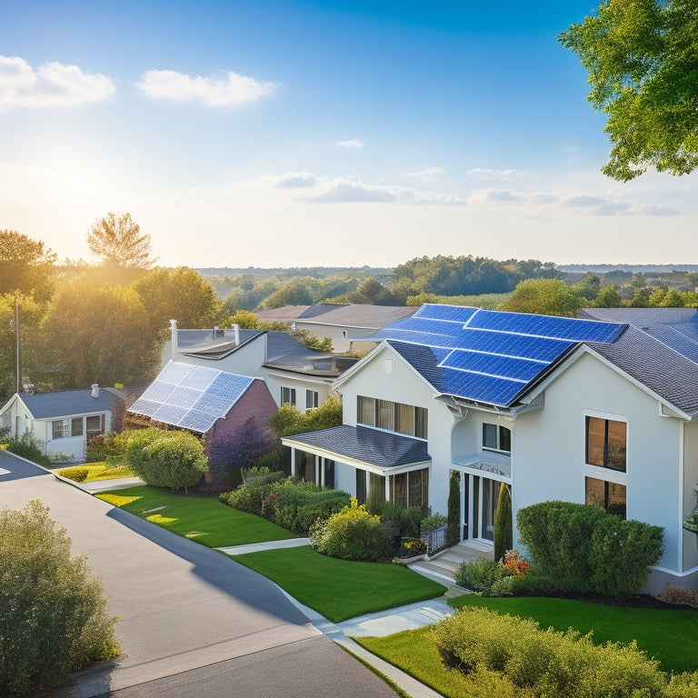 A serene residential neighborhood with sleek, modern solar panels installed on rooftops, surrounded by lush greenery and a bright blue sky with a few puffy white clouds.