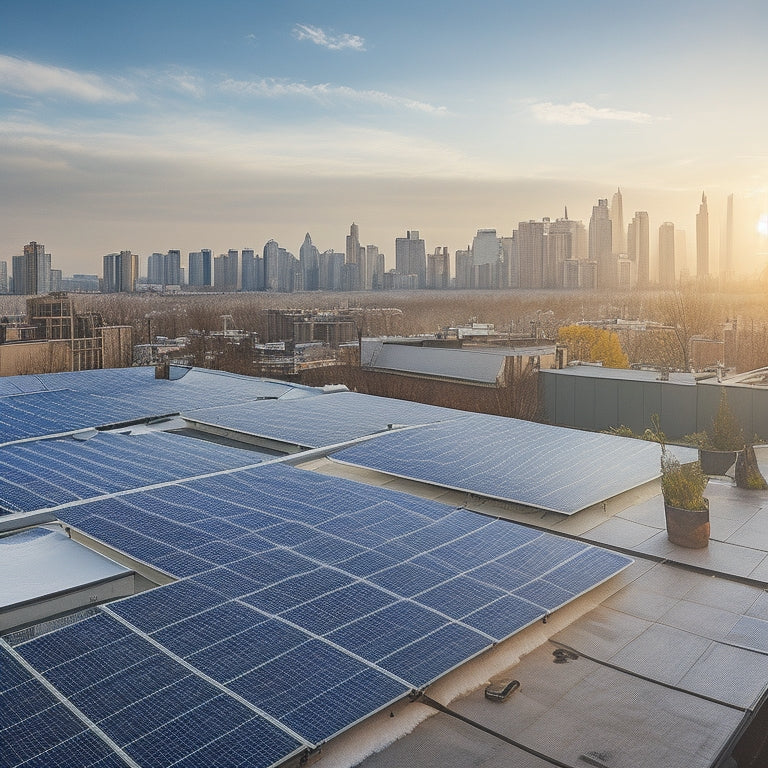 A rooftop with multiple solar panels installed, some with snow or debris accumulated, others clean and angled for optimal sunlight, with a subtle cityscape or rural background.