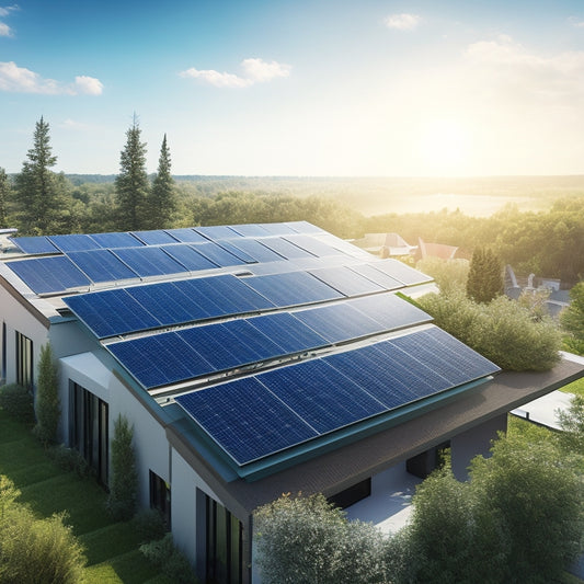 A photorealistic illustration of a modern residential rooftop with a mix of sleek, high-efficiency solar panels in various sizes and angles, surrounded by lush greenery and a bright blue sky.