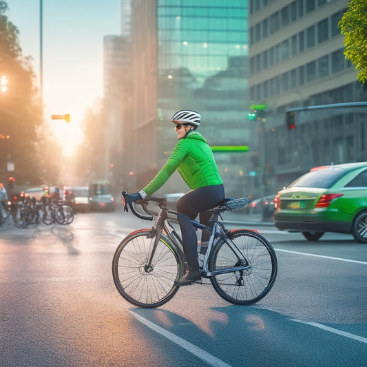 An illustration of a cyclist riding safely through a city intersection, surrounded by green traffic lights, designated bike lanes, and pedestrians looking out for the cyclist's safety, with a blurred background of city buildings.