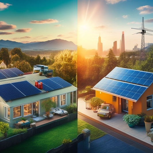 A split-screen illustration featuring a small, medium, and large battery on one side, and a cozy home with varying numbers of solar panels on the roof on the other, surrounded by measurement tapes and a cityscape background.