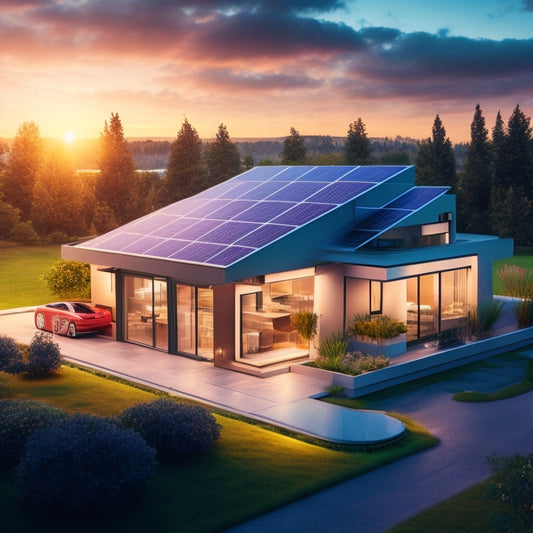 A futuristic illustration of a modern home with various energy storage batteries and solar panels integrated into the roof and walls, surrounded by a bright, glowing aura.