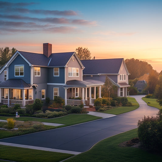 A serene suburban neighborhood scene at dawn, with five houses featuring sleek, black solar panels on rooftops, surrounded by lush greenery and a few fluffy white clouds in a bright blue sky.